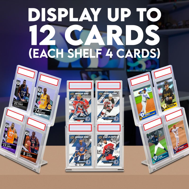 Tapeera 3-Pack Acrylic Tabletop Card Holder Display Holds 12 Cards - Trading Card Slab Display for Graded Cards Magnetic Cards & Toploader - Sports Card Display Case for Baseball Basketball Football - Image 4
